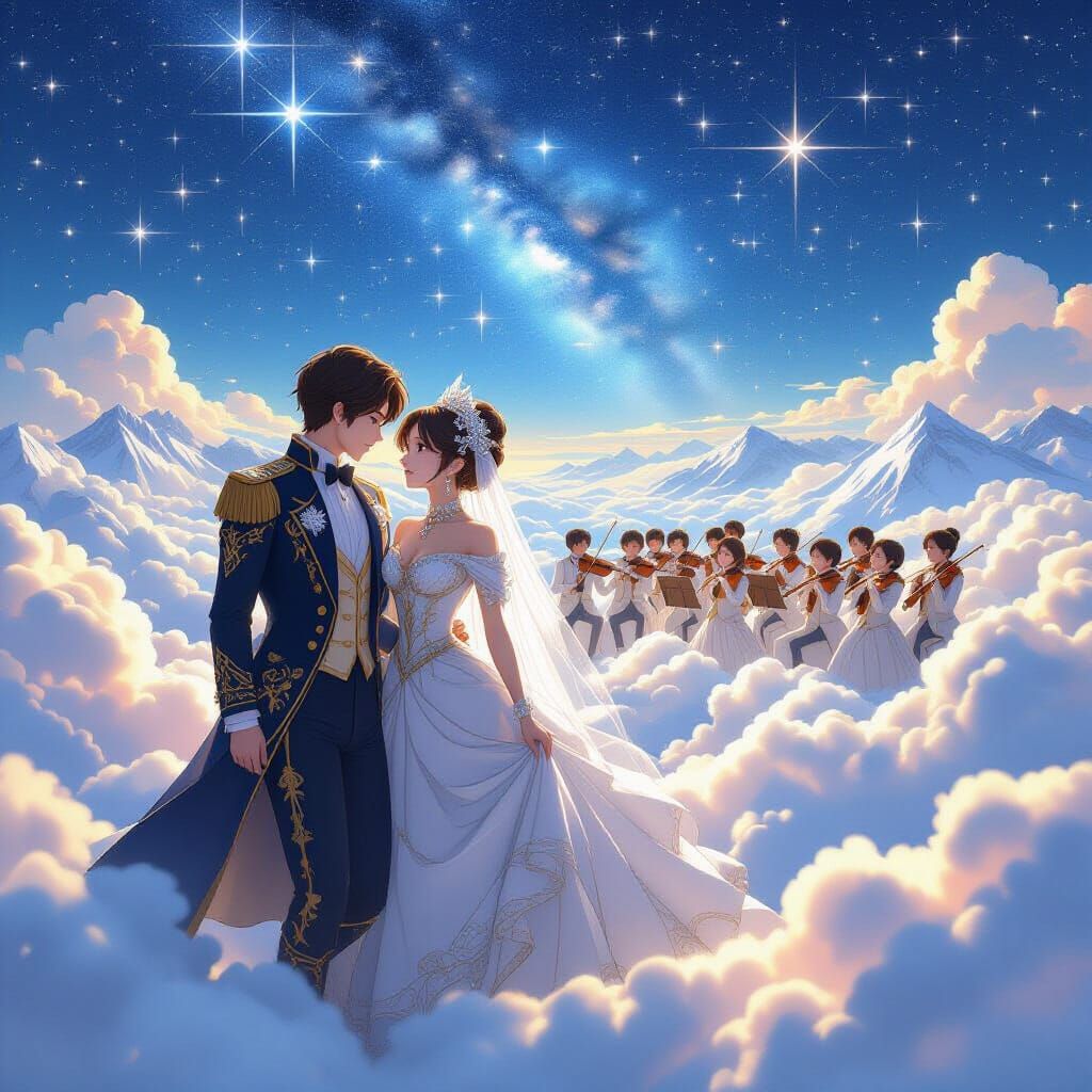 Couple Descends From Starry Sky Above Mountains With Tiny Or...