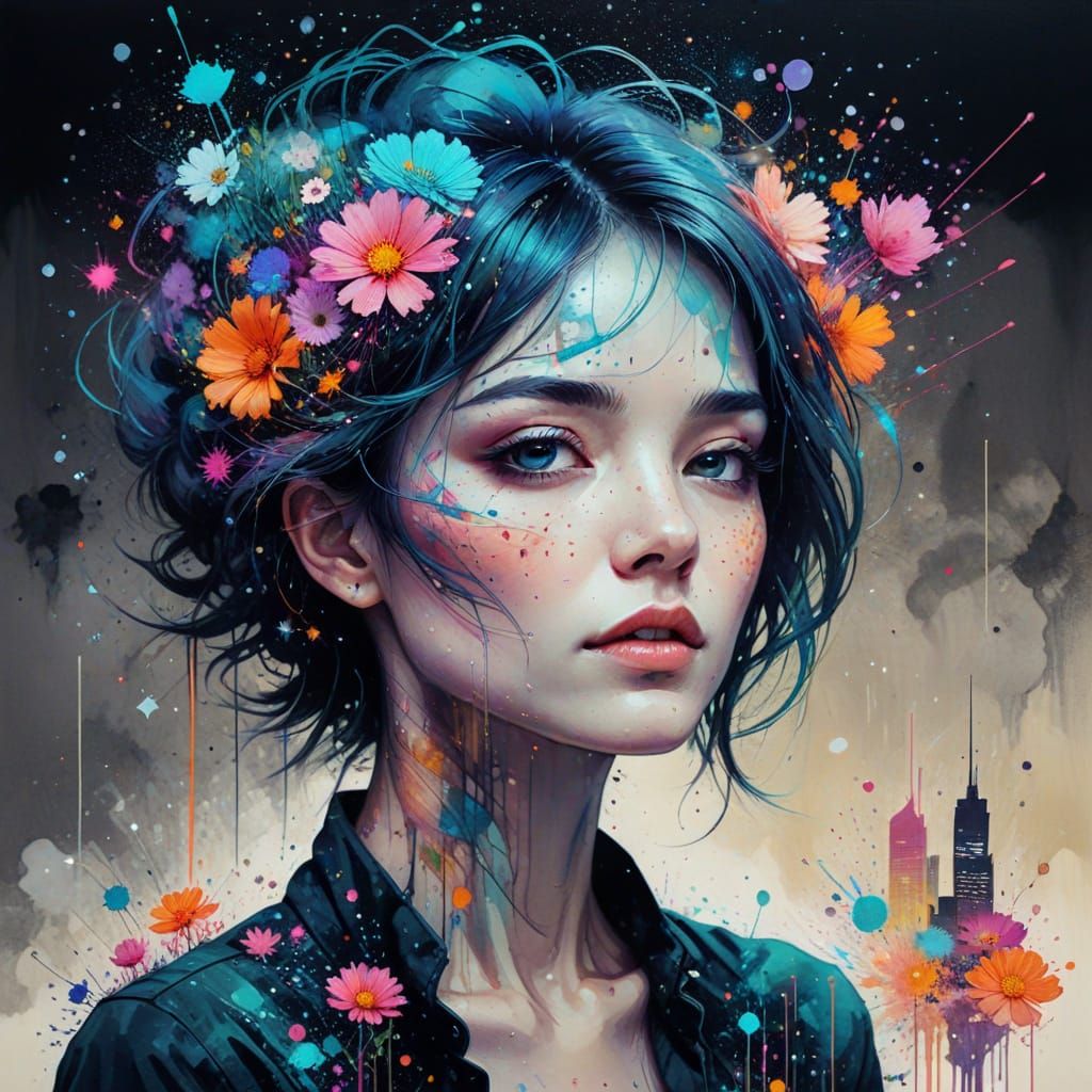 Surreal Cityscape with Flowers in Vibrant, Glitchy Style