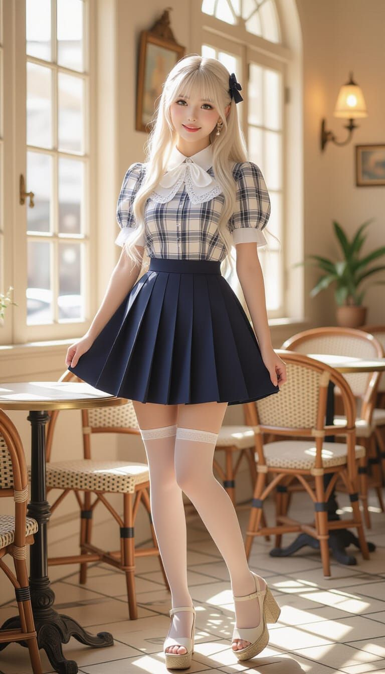 Petite Woman in French Cafe, Hyperrealistic Photo