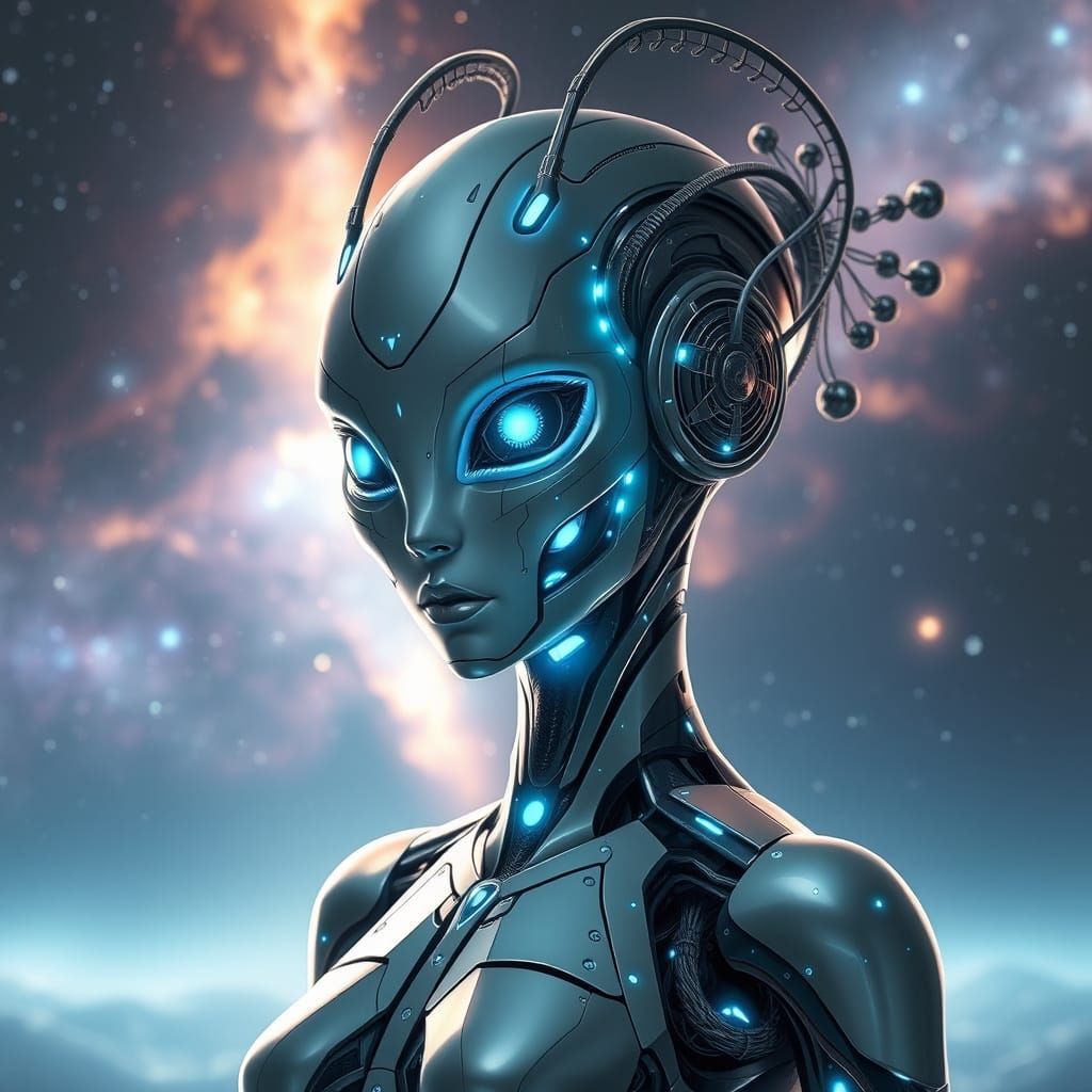 Elegant Robotic Alien Woman in Nebula Light