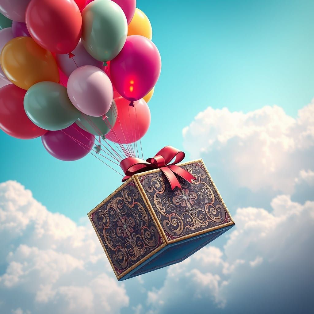 Majestic Gift Box Soars Amidst Rainbow Balloons Against Vibr...