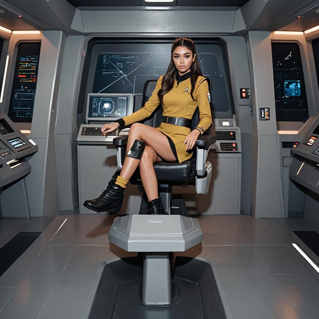 Woman in Star Trek Uniform on Bridge Command Chair