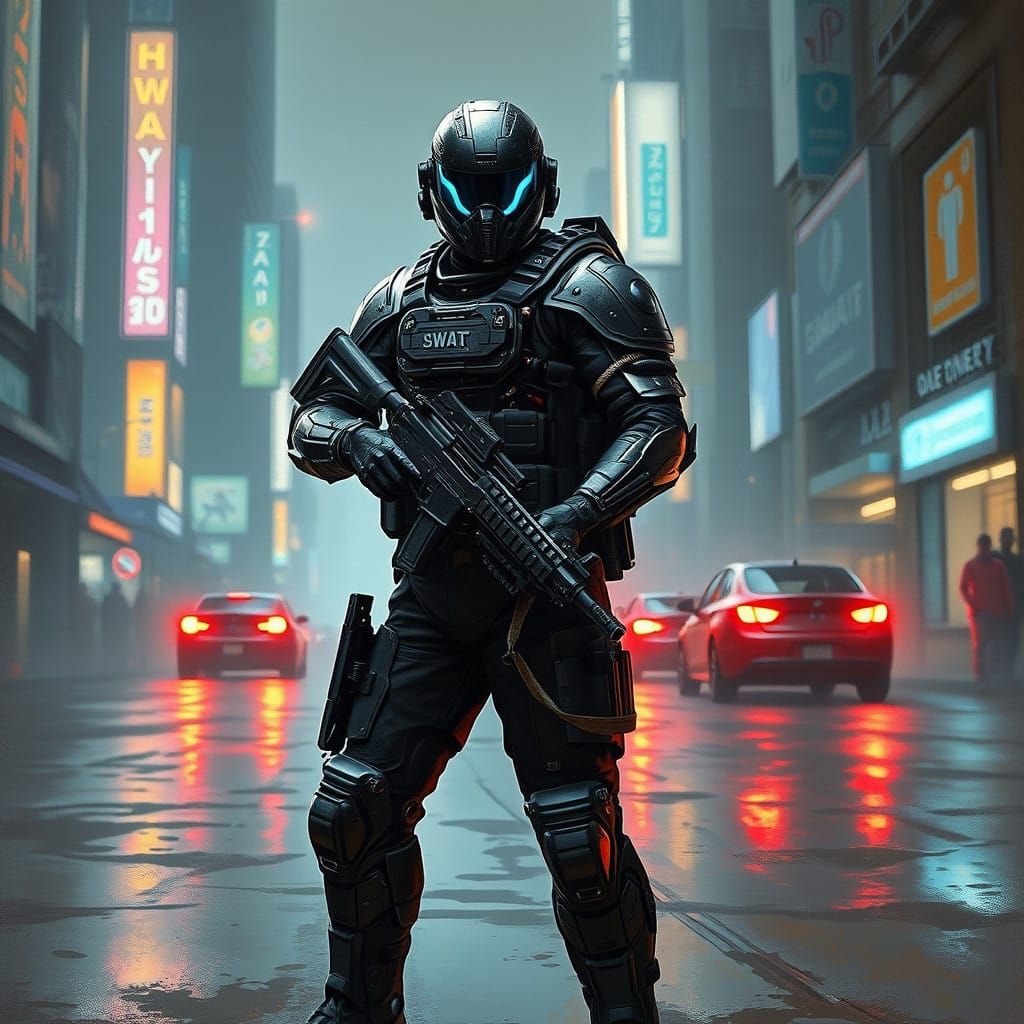 Cyberpunk SWAT Officer in Dystopian Cityscape