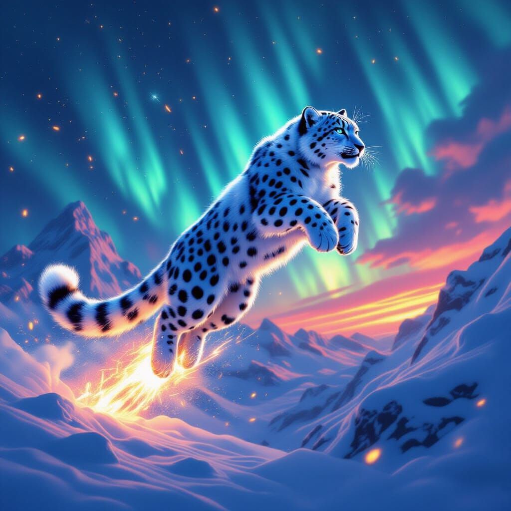 Snow Leopard Launching Skyward with Embers and Aurora Dust