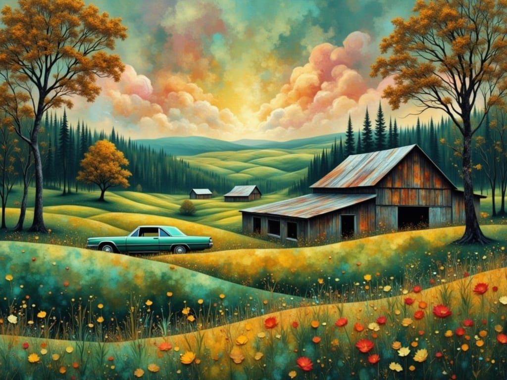 Rusty Car and Barn in Dreamy Collage Art