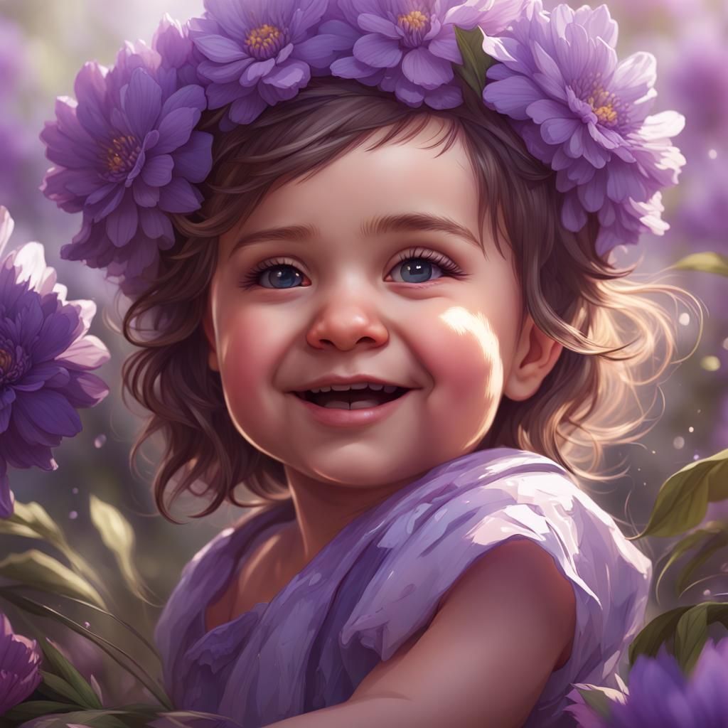 Smiling Baby Girl Portrait with Purple Flowers