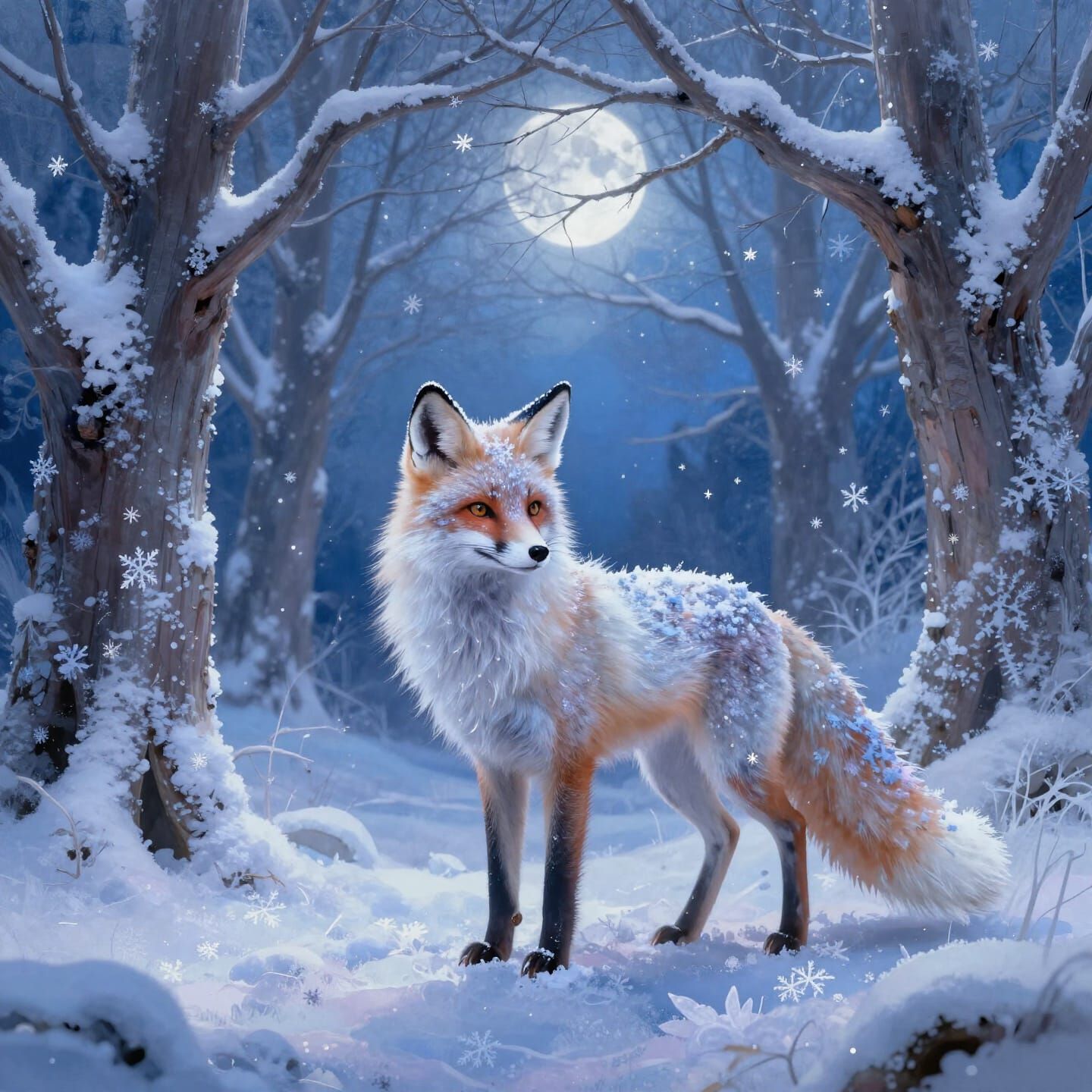 Mystical Fox Made of Snowflakes in Enchanted Forest