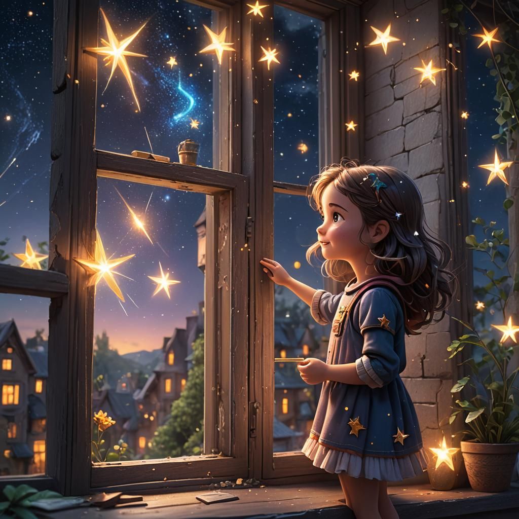 Little Girl Wishes on Star: Detailed Matte Painting
