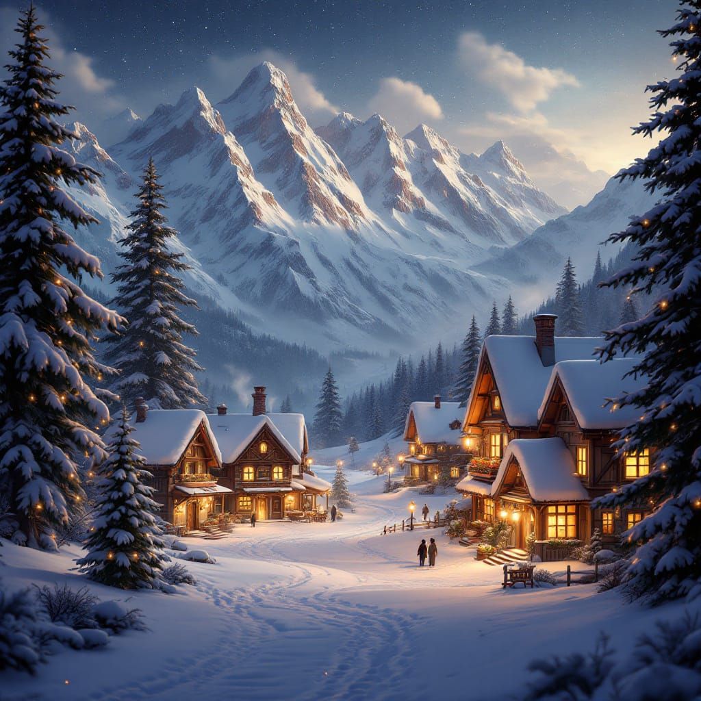 Cozy Alpine Village in Snowy Mountains Under Starlit Sky