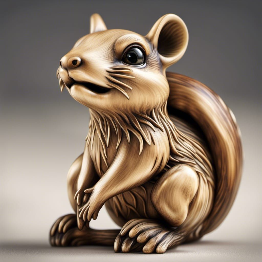 close up of a boxwood netsuke of a chipmunk with deer horns adorned in white-gold antlers. big innocent eyes, intricate ...