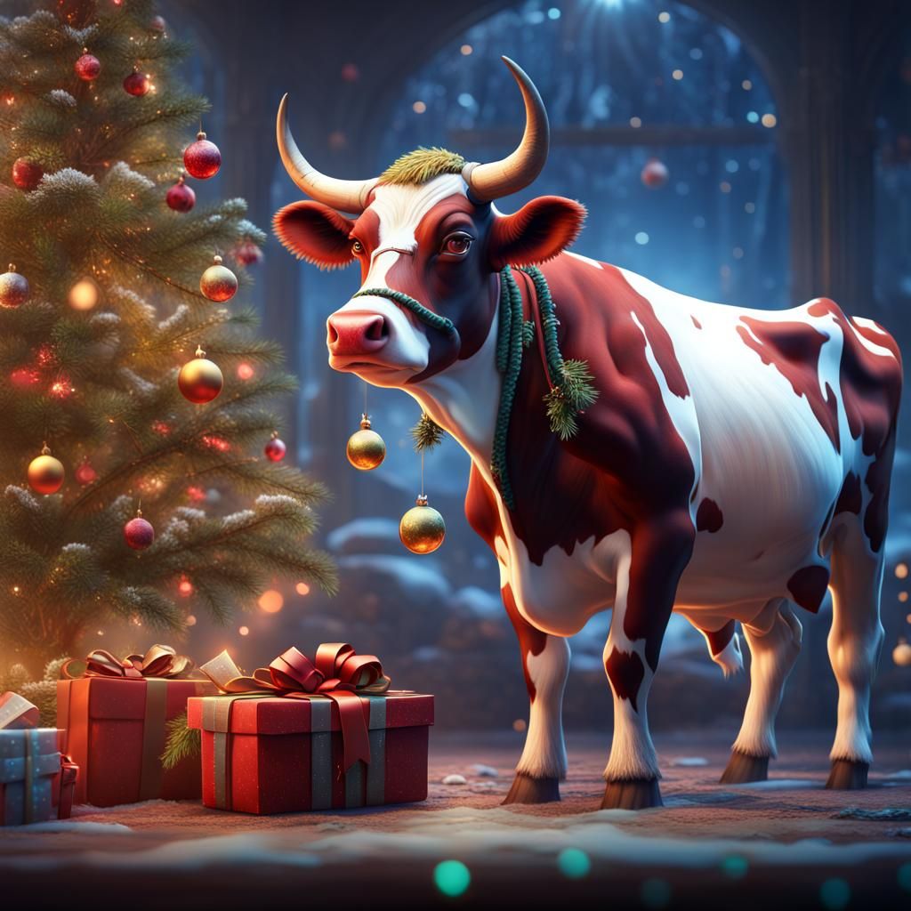 Festive Christmas Cow in Detailed Digital Painting