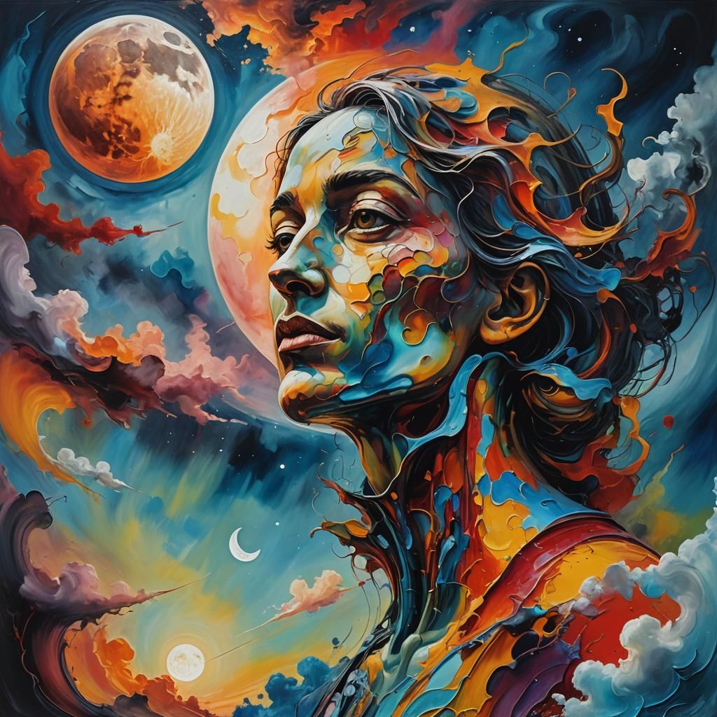 Surreal Distorted Figure and Moon in Vibrant Colors