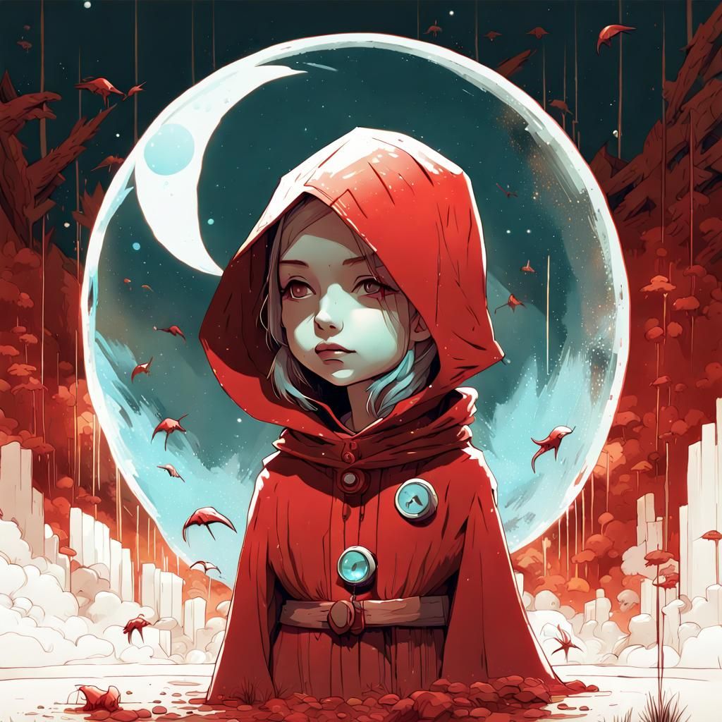 Chibi Handmaid's Tale Character Under Bioluminescent Moon