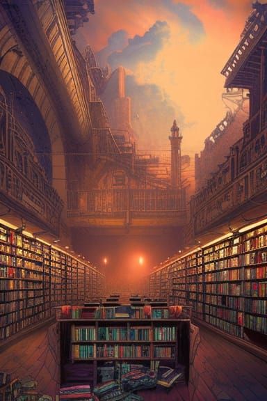 Epic Bookstore in Honeypunk Comic Style