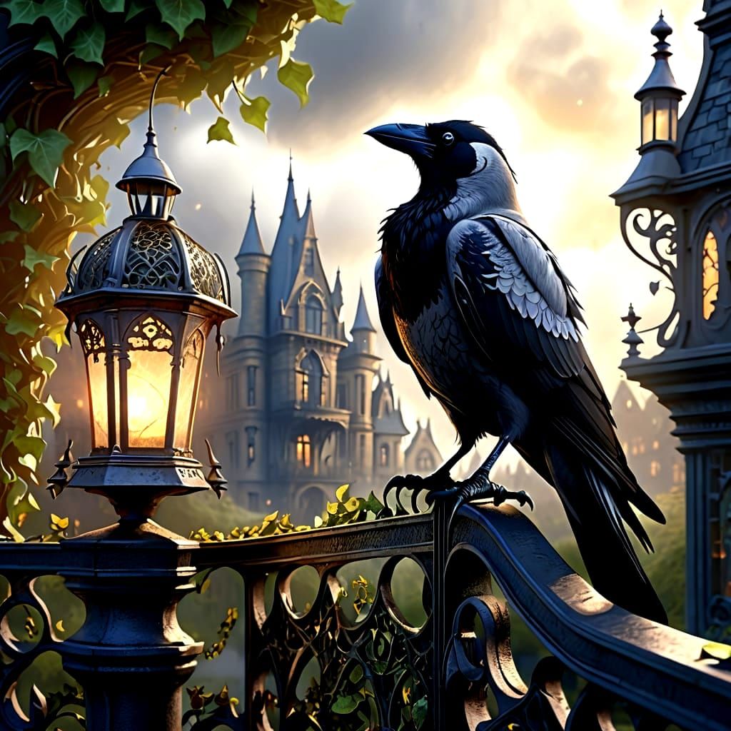 Mysterious Crow on Gothic Fence in Twilight