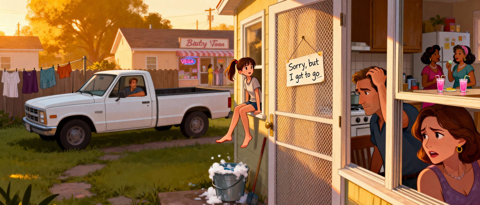 Young Woman Leaves Home In White Pickup Truck