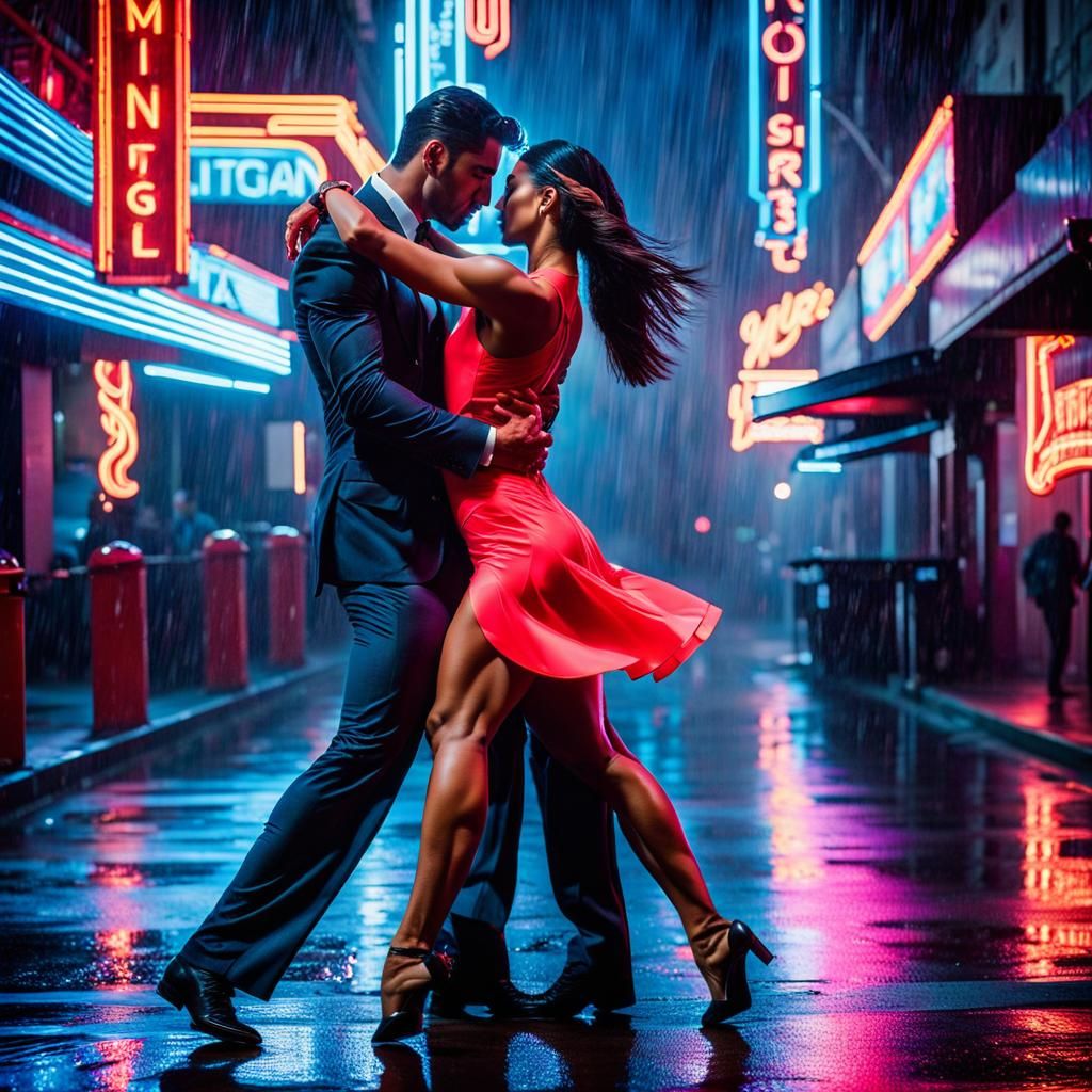 Passionate Tango in the Neon Rain