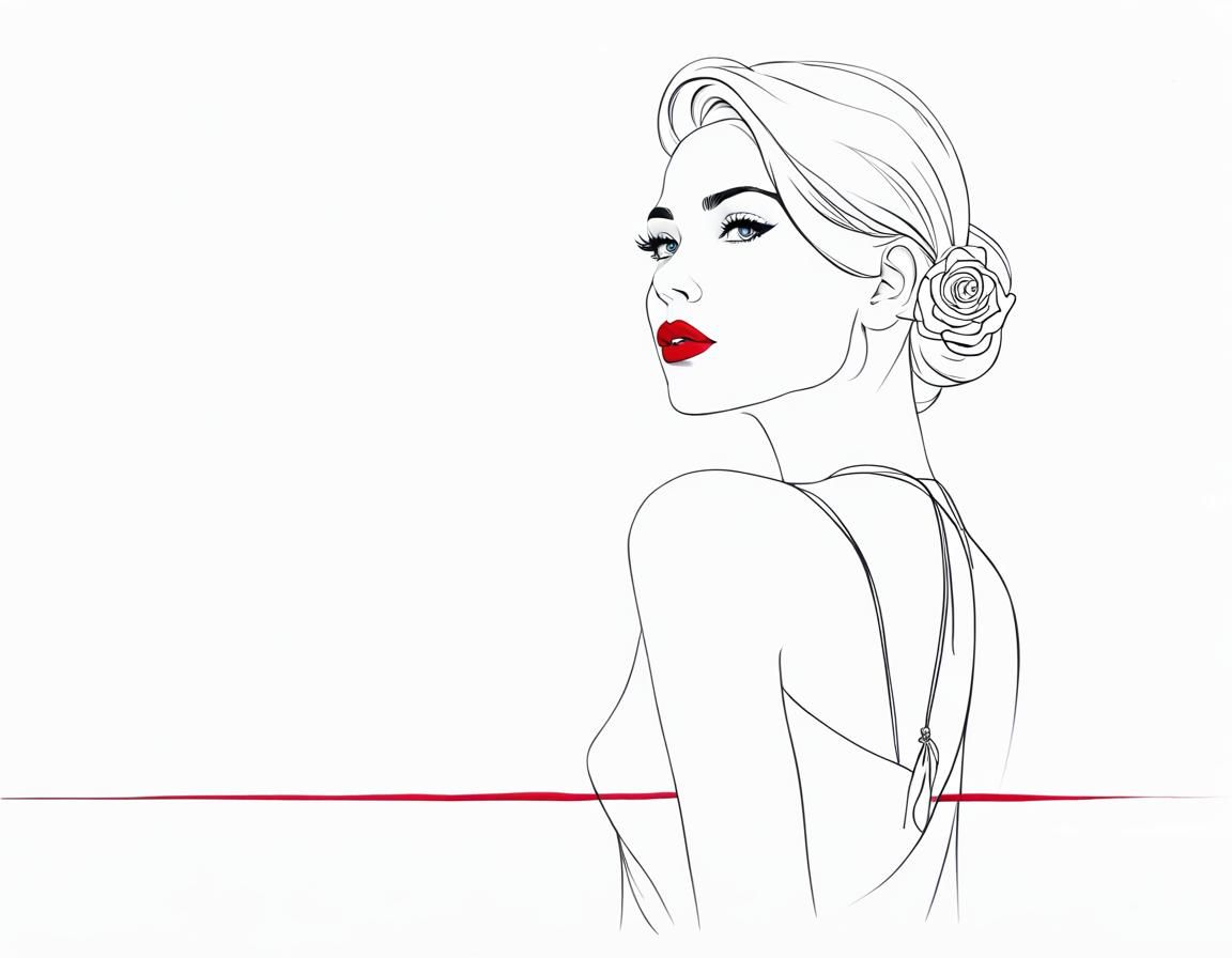 A Minimalistic Line Art Portrait of a Young Woman from Behin...