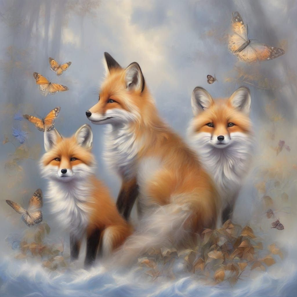 Ethereal Fox Family with Golden Butterfly in Misty Heart