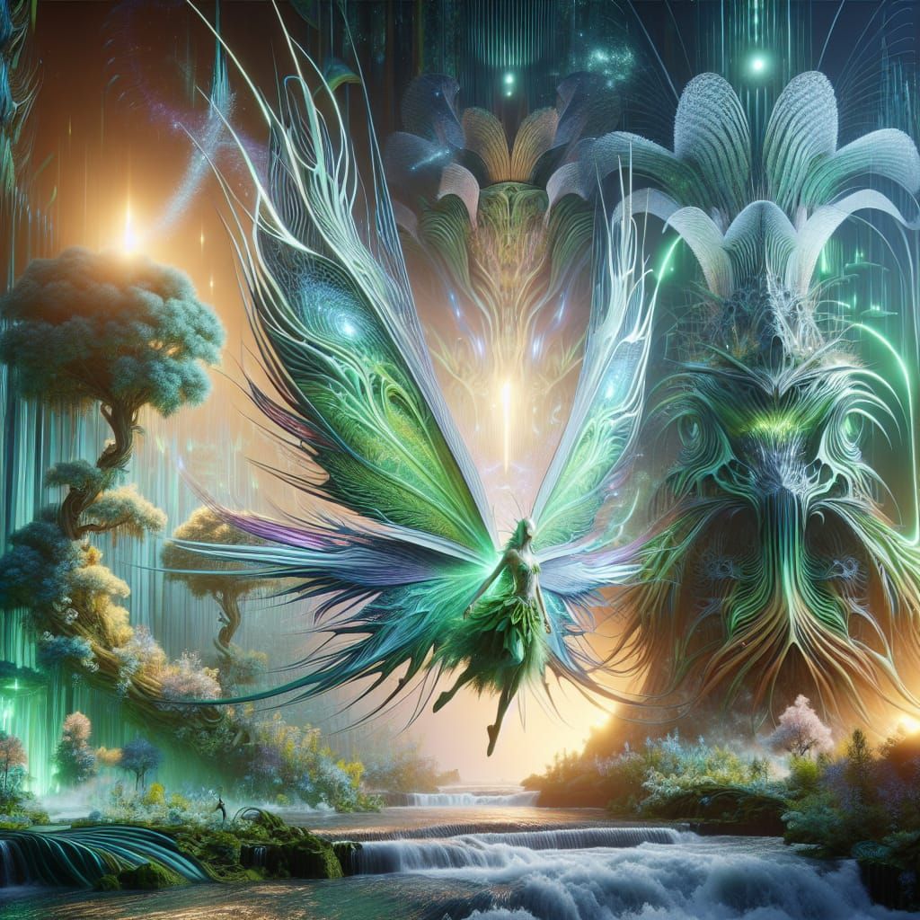 Emerald Fairy in Biomechanical Forest, Digital Render