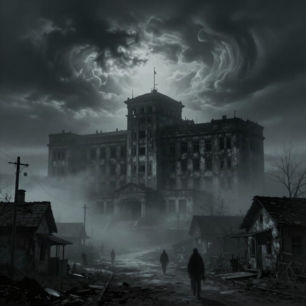 Ominous Derelict Hospital Overlooking Foggy Town