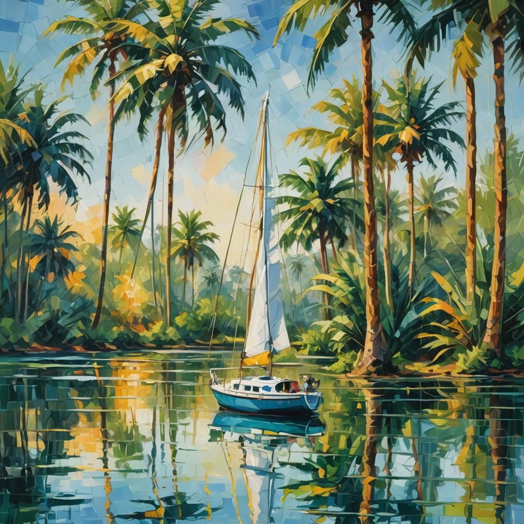 Sailboat and Palms in Abstract Expressionism Style