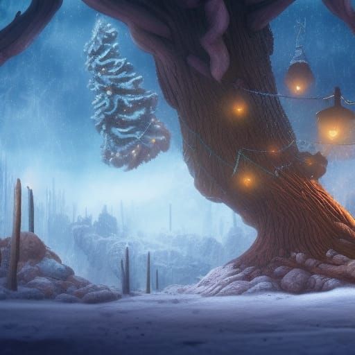 Frozen Christmas Tree with Presents in Desert Landscape