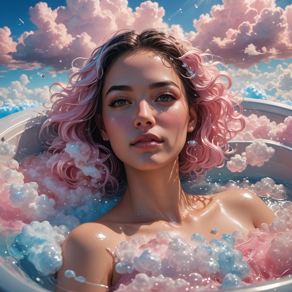 Woman Resting in Liquid Sky Bathtub: Hyperrealistic Splash A...