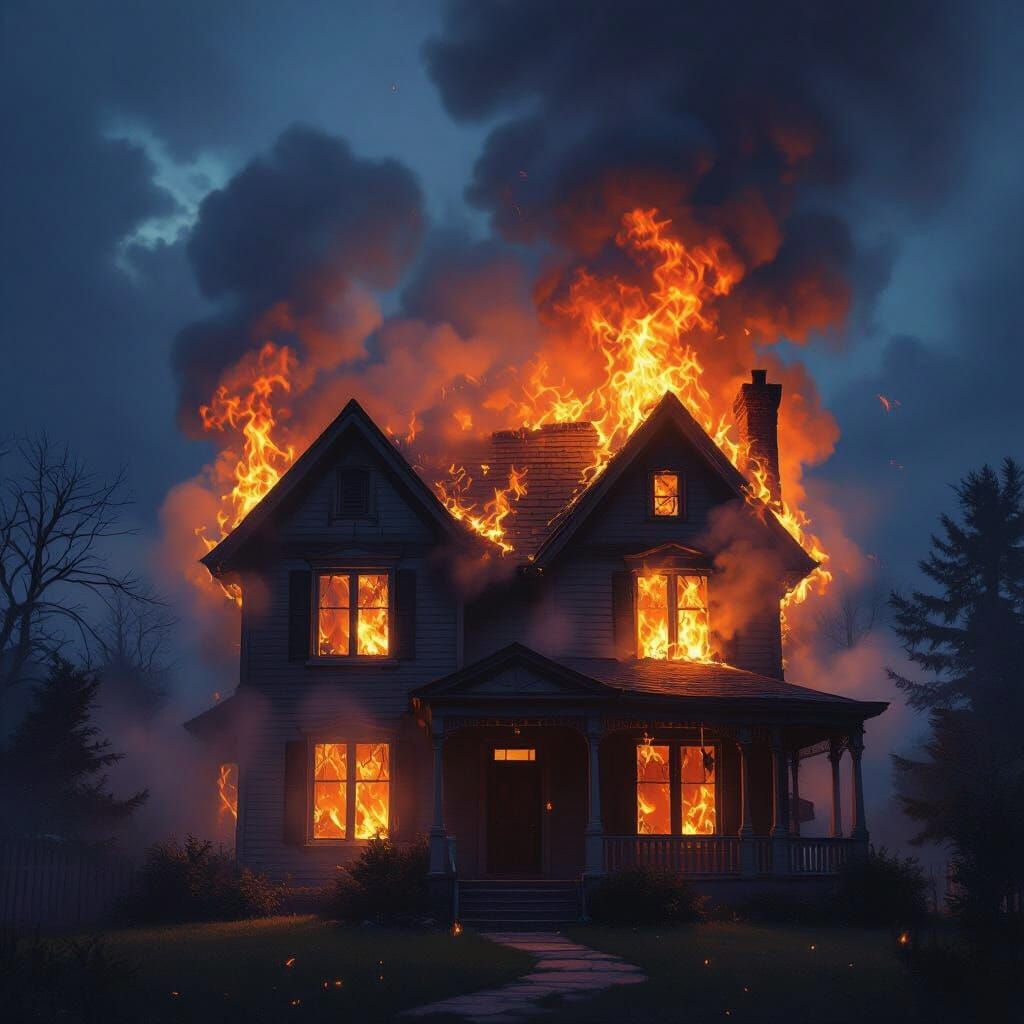 Burning House Emits Dark Smoke Under Fiery Glow