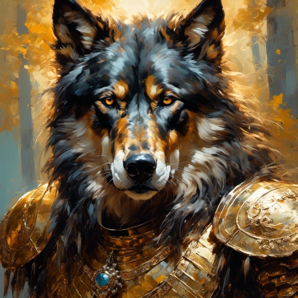 Armored Black Wolf in Firelight: Hyperrealistic Splash Art