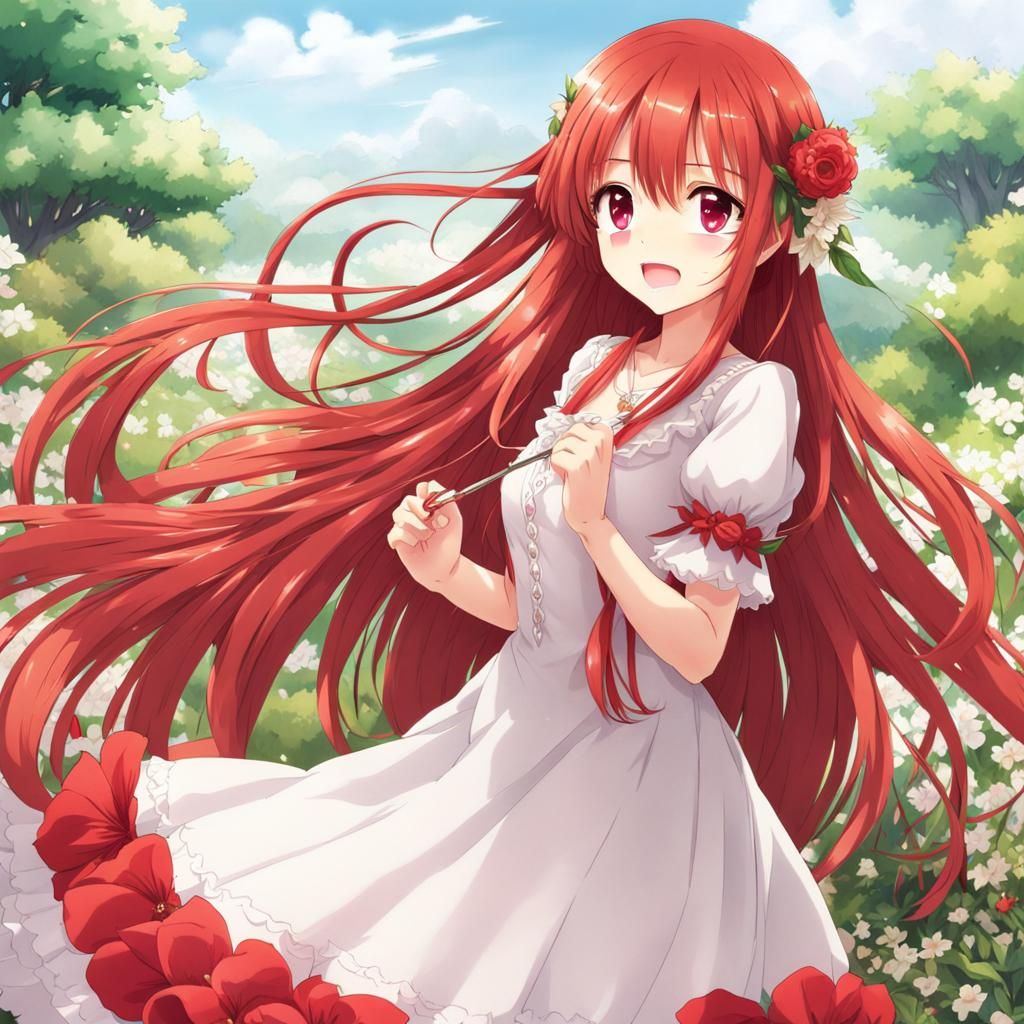 Happy Red-Haired Girl in Anime Key Visual Style