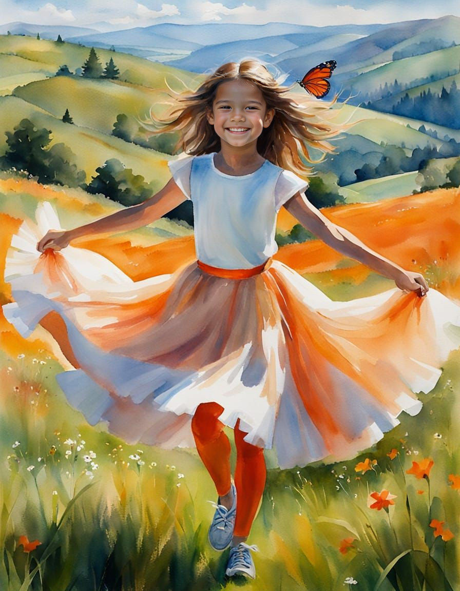 Watercolor Girl Dancing in a Sunny Meadow