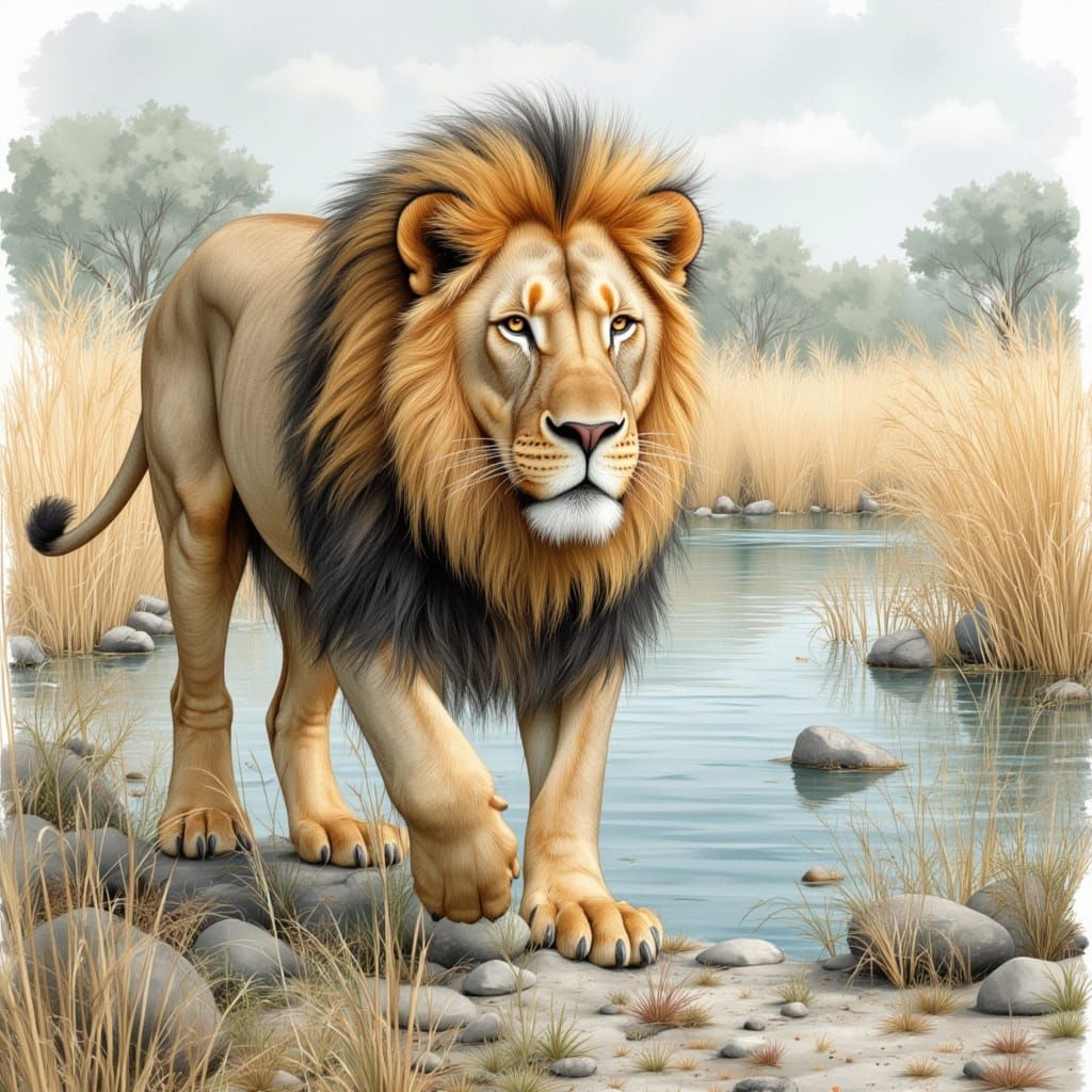 Magnificent Hairy Lion Walks by African Lake in Vivid Waterc...