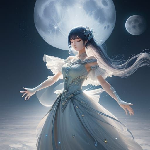 Ethereal Woman Dancing Under Moonlit Skies