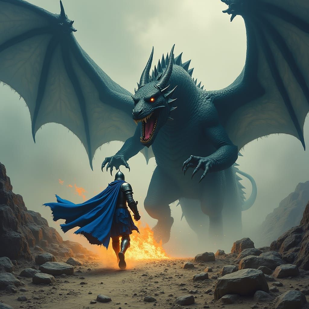 Knight's Escape: Dragon Fire in a Dark Landscape