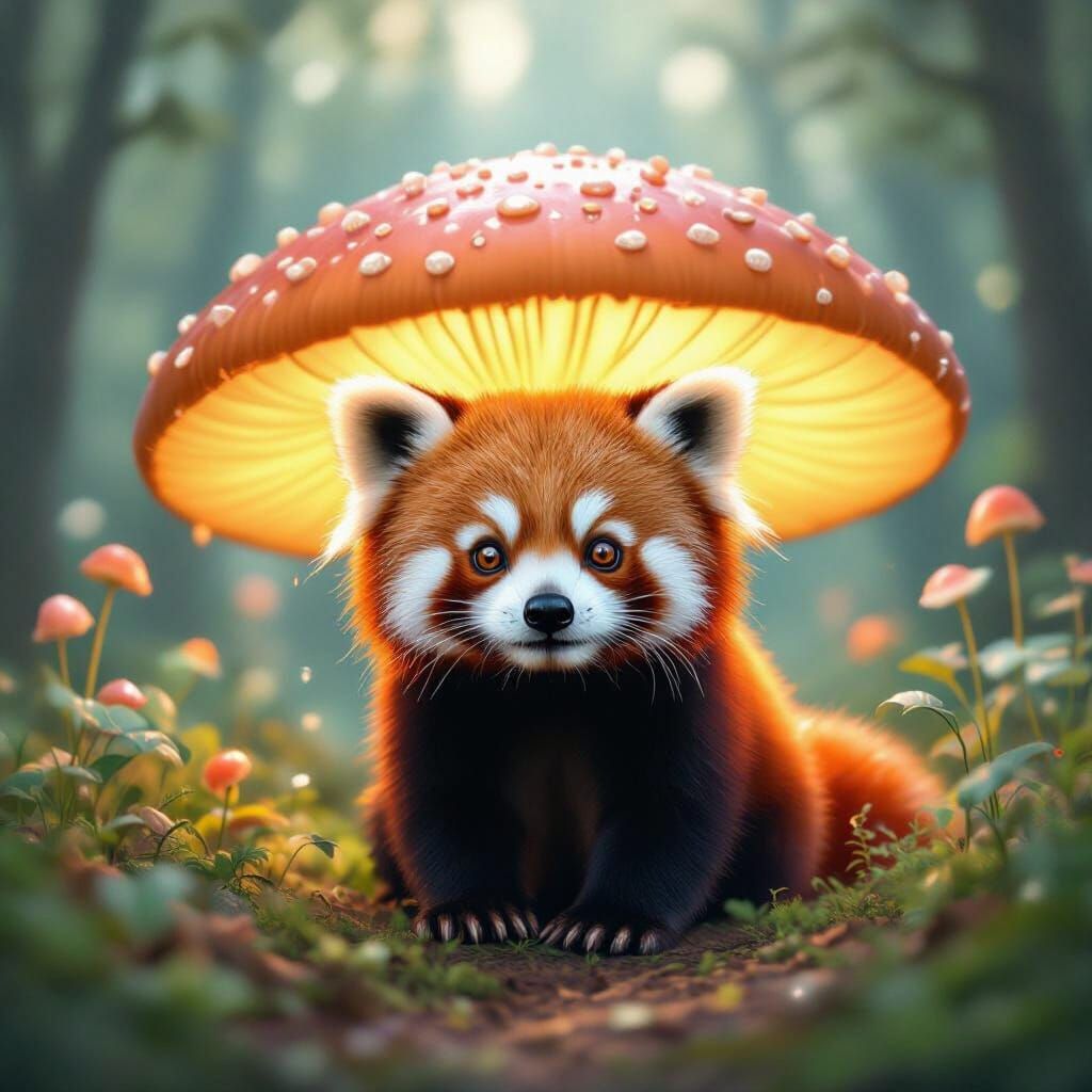 Red Panda Peeks from Giant Mushroom in Enchanted Forest