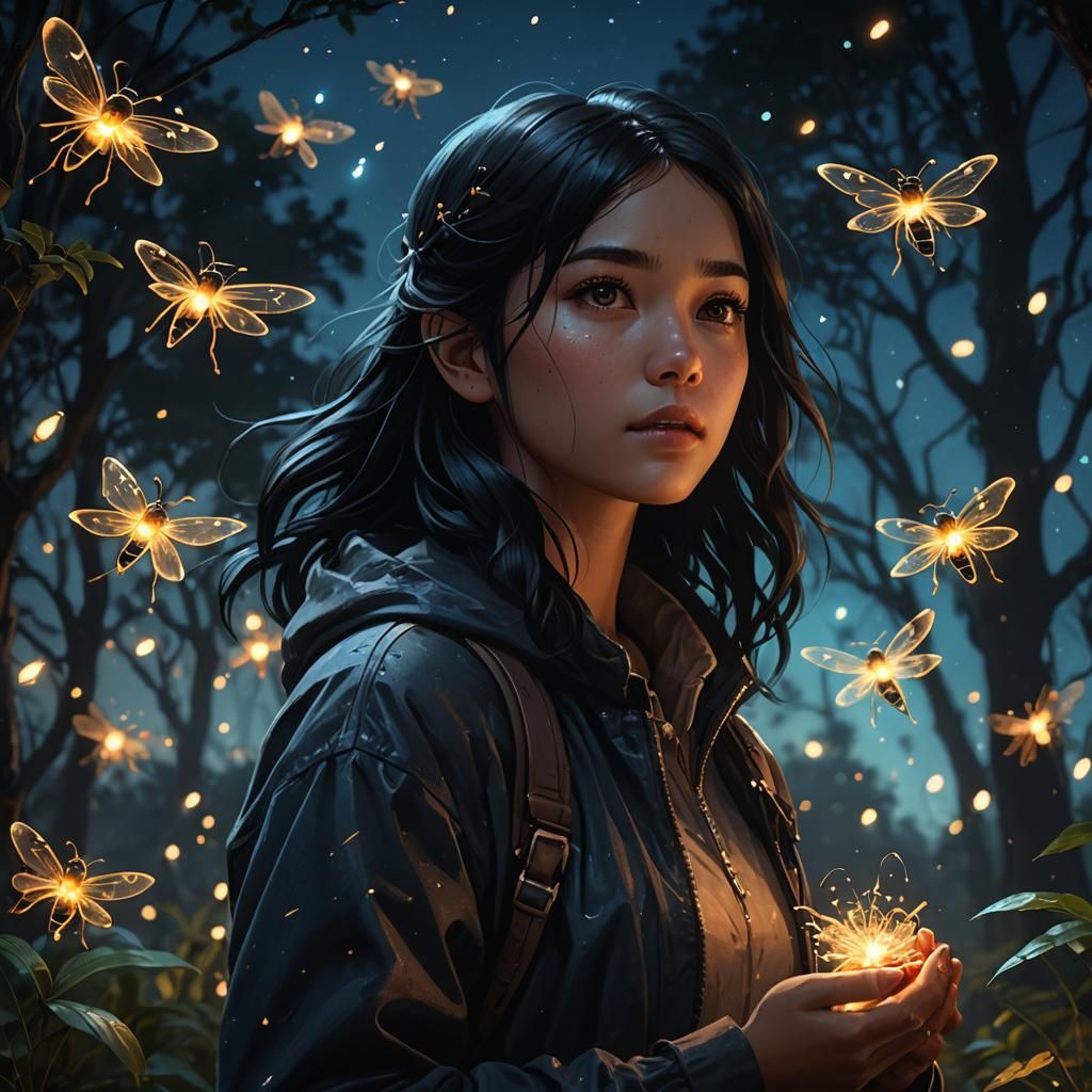 Girl with Firefly in Dark, Detailed Matte Painting