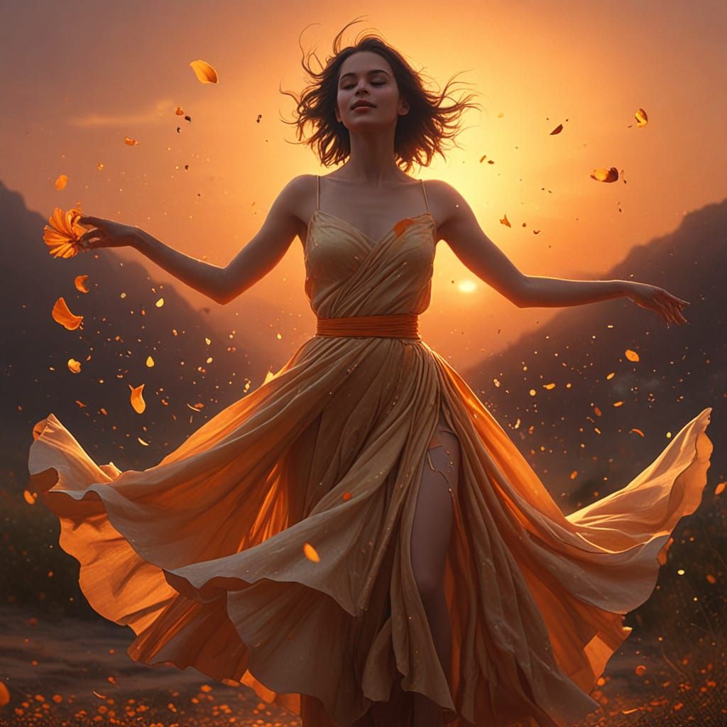 Woman Dancing in Golden Hour Sunset, Oil Painting Style