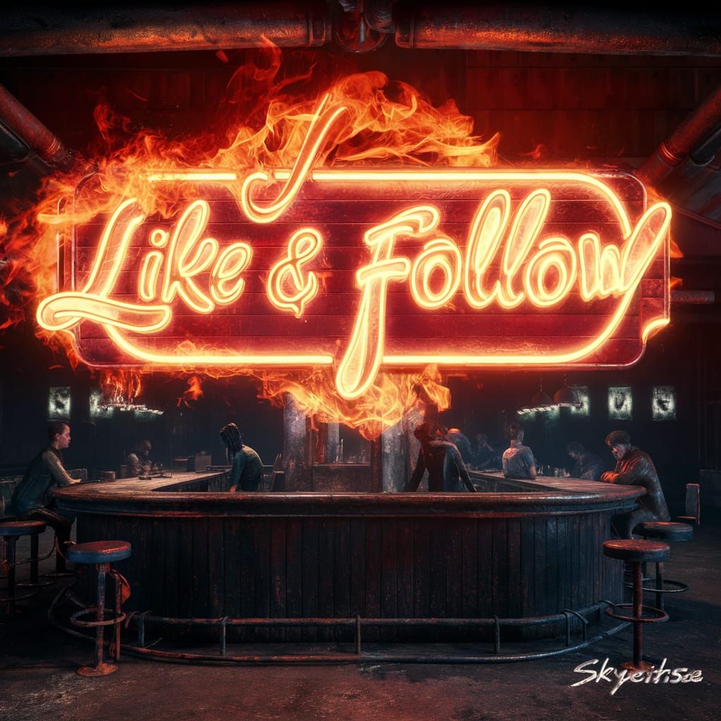 Post-Apocalyptic Bar with Neon "Like & Follow" Sign