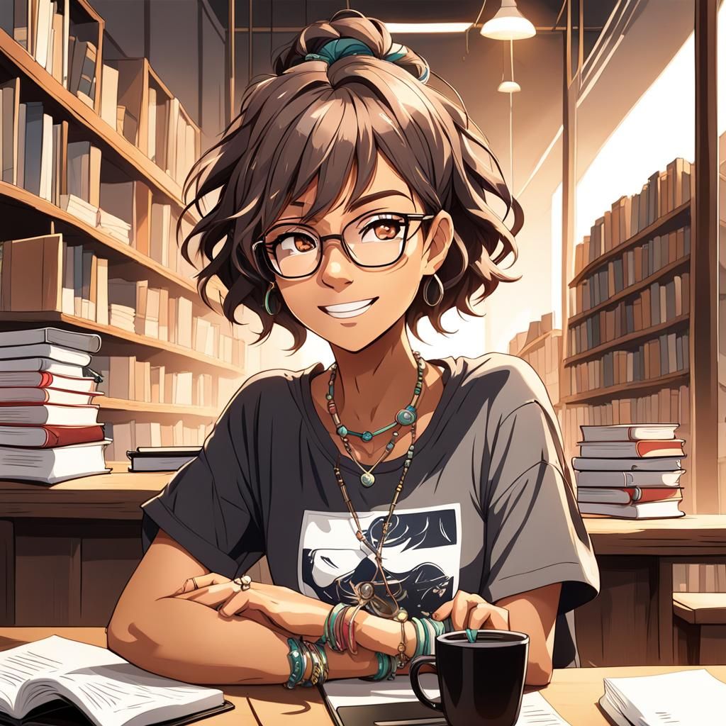 Anime Girl Librarian Smiling at Her Desk