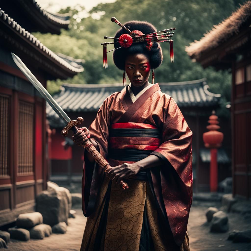 Cinematic Film Still: African Geisha with Bloody Sword