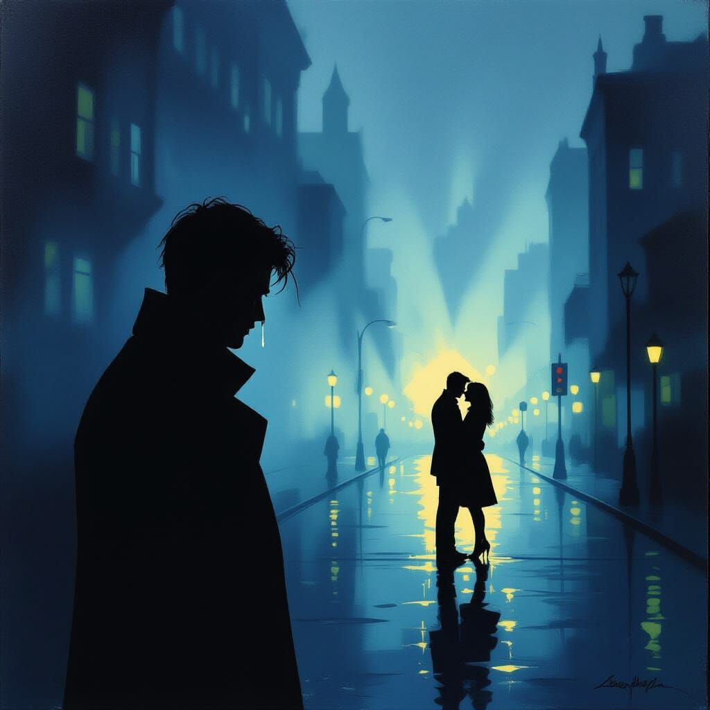 Melancholic Cityscape: Lone Figure's Regret in Hopper Style