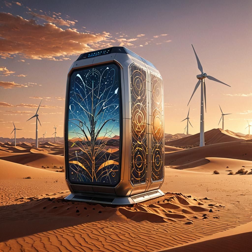 AI Supercomputer Towering Over Desert Sunset