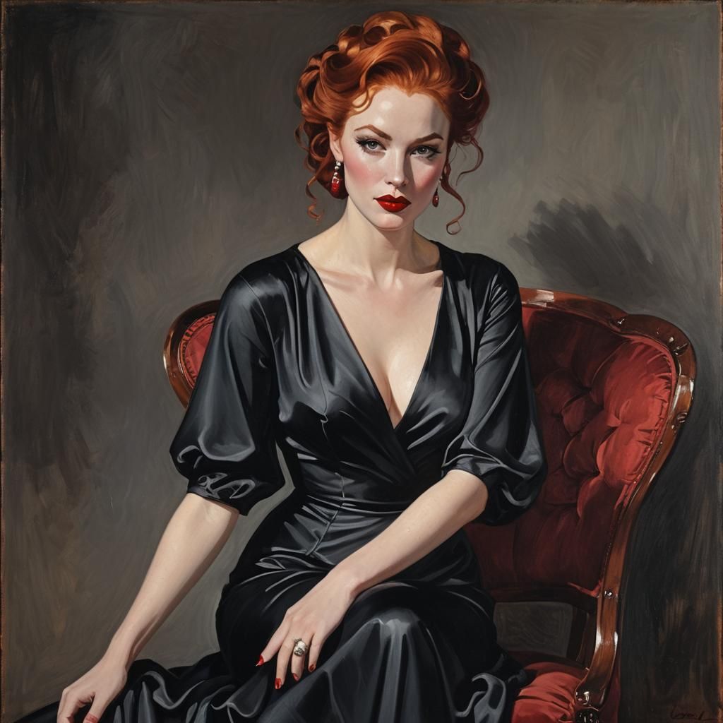 Elegant Redhead on Red Couch with Wine