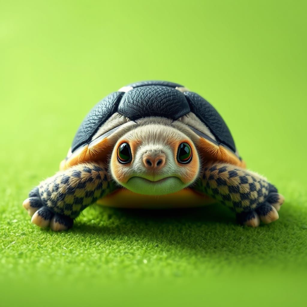 Surreal Fuzzy Turtle on a Dreamlike Green Soccer Ball Shell