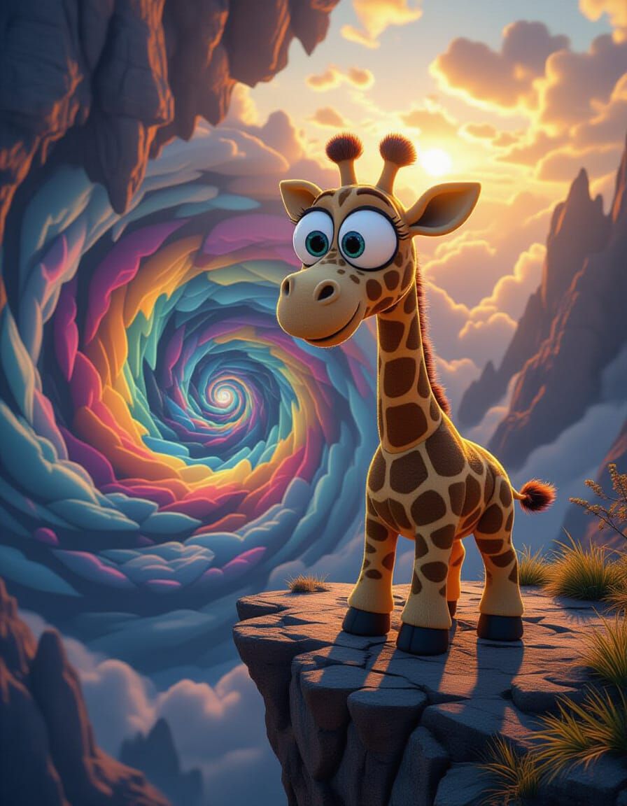 Plush Giraffe Watches Vortex in Pixar Style