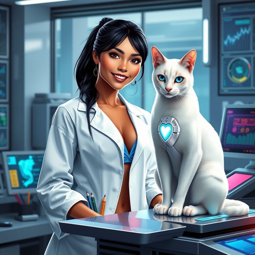 A Hawaiian female scientist with a pet cyborg white female cat