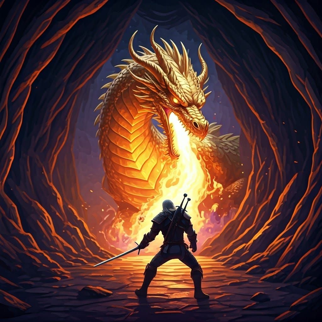 Epic Dark Fantasy Battle Scene with Golden Dragon