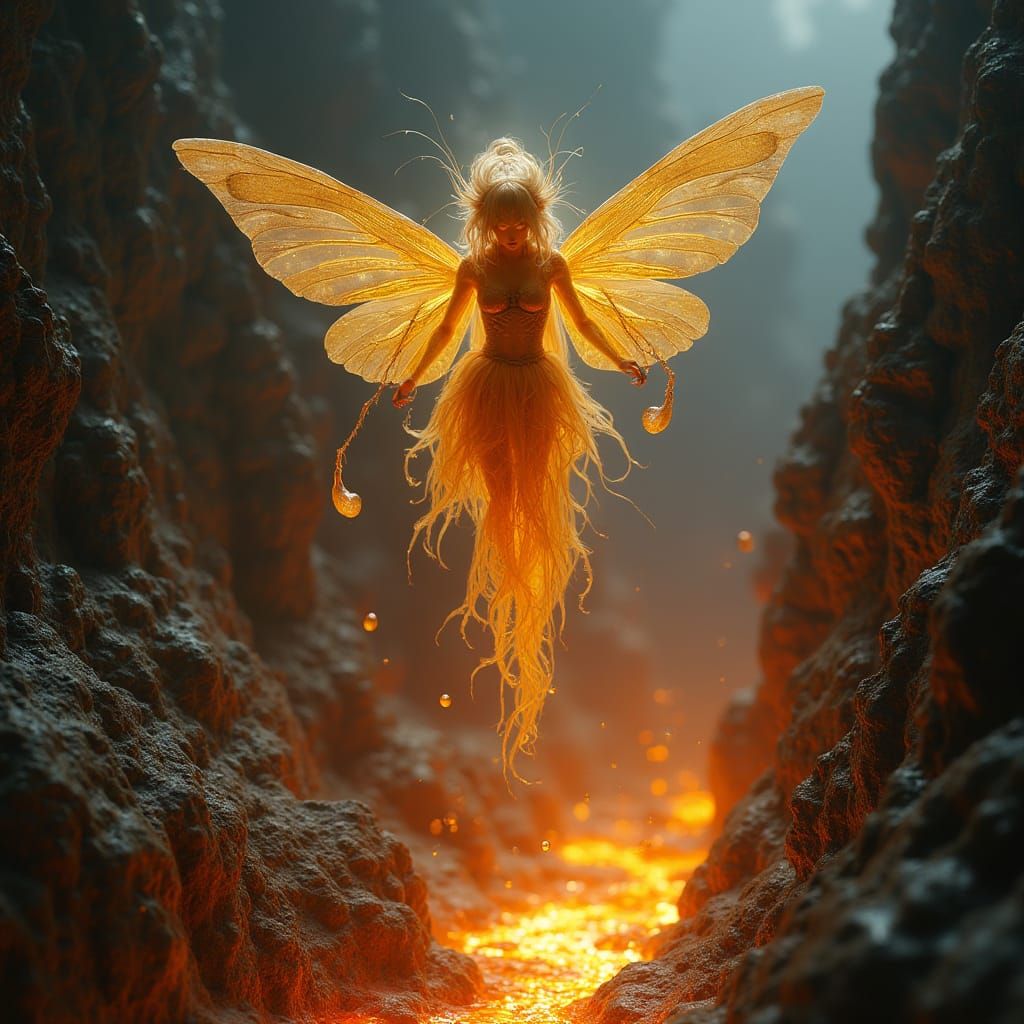 Translucent Fairy in Amber Droplet: Surreal Optical Art