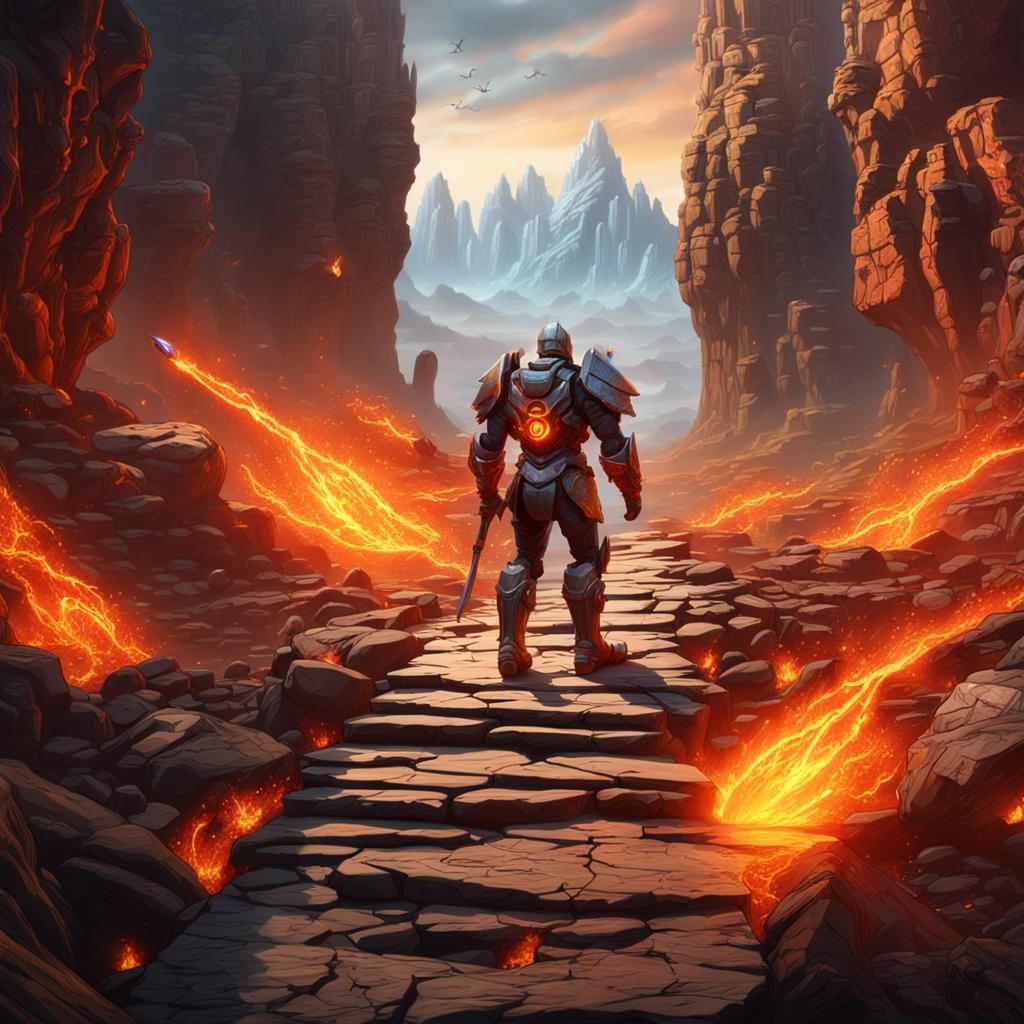 Cyborg Knight Warrior Guarding Fiery Portal